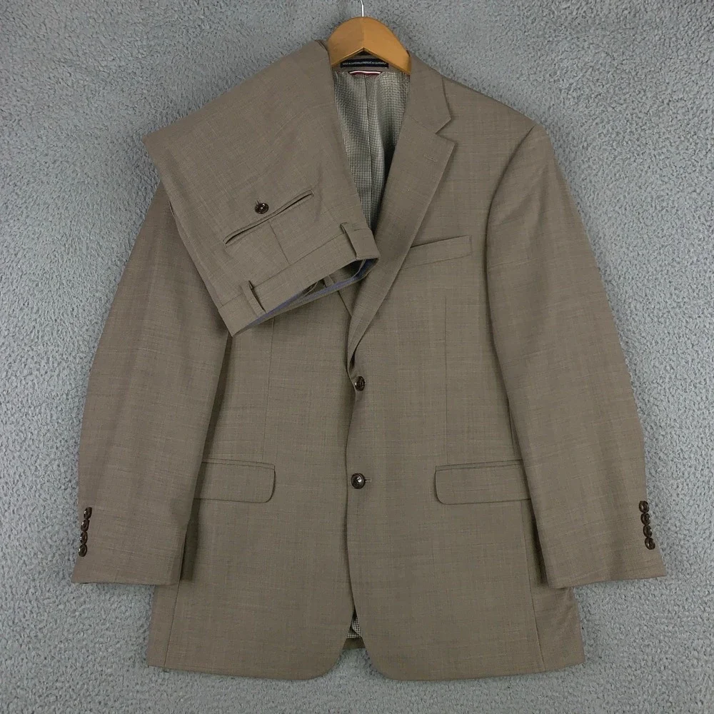 Tommy Hilfiger 2 Piece Suit 40R Modern Fit Tan 2-Button Wool Blend Pants 34x30